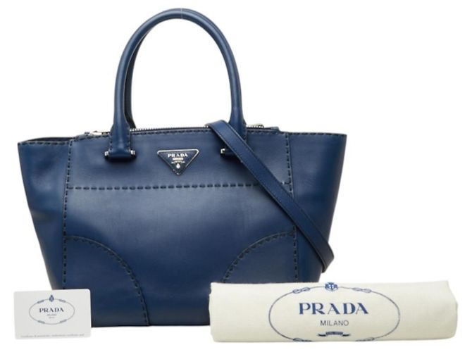 Sac à main Prada avec plaque logo triangle - Cuir Navy Bleu Marine - vue 12