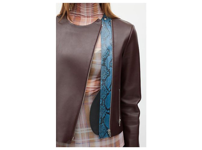 Céline Celine Chaqueta Biker de Cuero Borgoña con Detalle de Pitón Azul Burdeos - vista 10