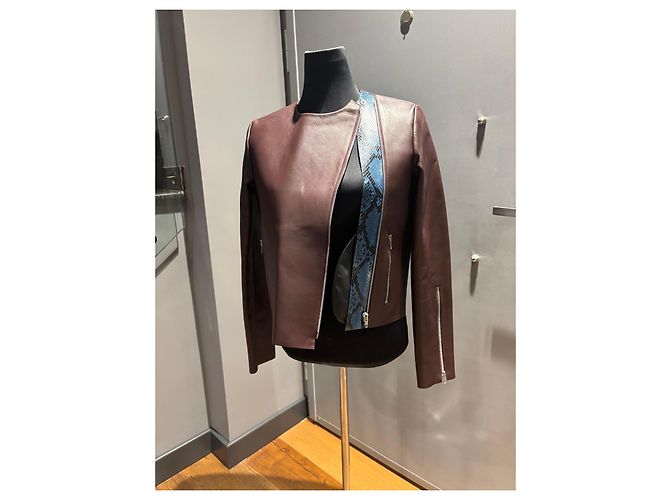 Céline Celine Chaqueta Biker de Cuero Borgoña con Detalle de Pitón Azul Burdeos - vista 11