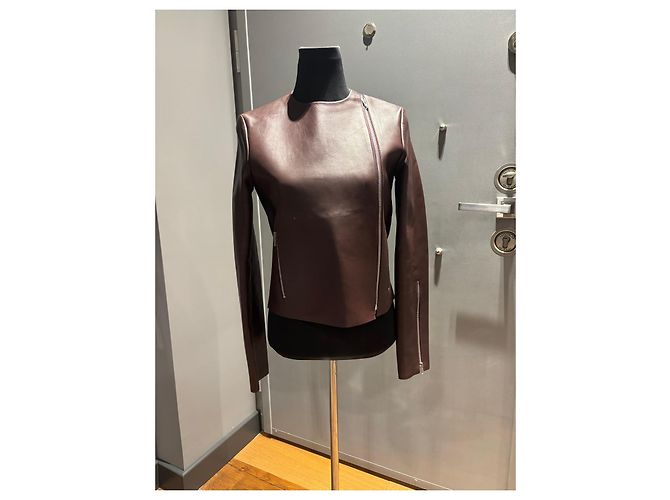 Céline Celine Chaqueta Biker de Cuero Borgoña con Detalle de Pitón Azul Burdeos - vista 12