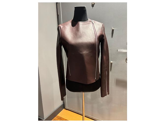 Céline Celine Chaqueta Biker de Cuero Borgoña con Detalle de Pitón Azul Burdeos - vista 13