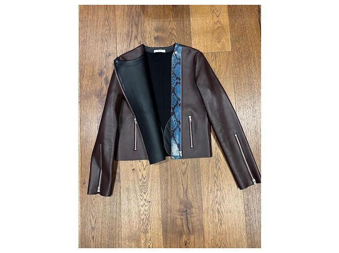Céline Celine Chaqueta Biker de Cuero Borgoña con Detalle de Pitón Azul Burdeos - vista 2