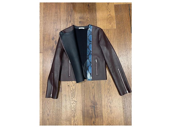 Céline Celine Chaqueta Biker de Cuero Borgoña con Detalle de Pitón Azul Burdeos - vista 9