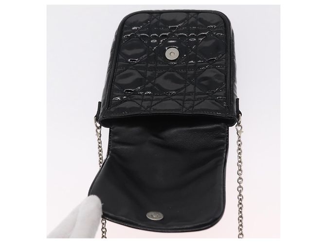 Borsa Christian Dior Chain Cannage in pelle verniciata nera argento Auth 205445V Nero - vista 14
