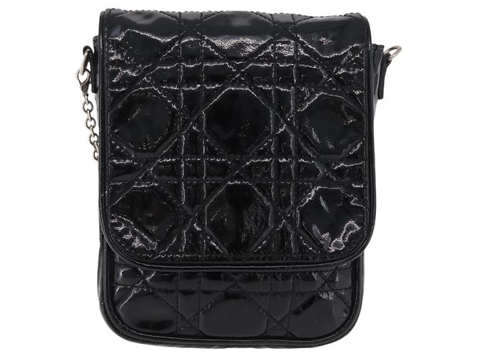Borsa Christian Dior Chain Cannage in pelle verniciata nera argento Auth 205445V Nero - vista 2