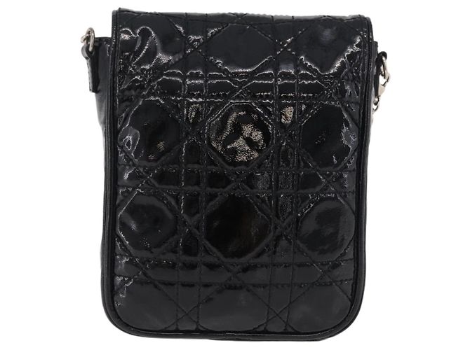 Borsa Christian Dior Chain Cannage in pelle verniciata nera argento Auth 205445V Nero - vista 3
