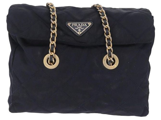 PRADA Chain Shoulder Bag Nylon Navy Gold Auth 206423 Golden Navy blue - view 2