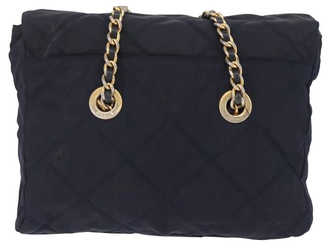 PRADA Chain Shoulder Bag Nylon Navy Gold Auth 206423 Golden Navy blue - view 3