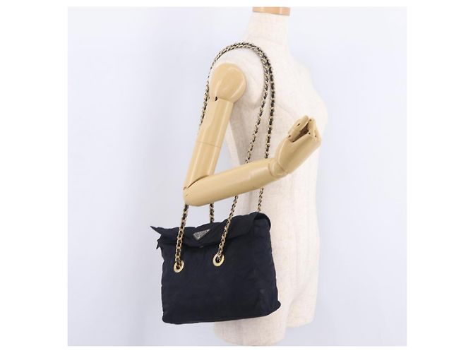 PRADA Chain Shoulder Bag Nylon Navy Gold Auth 206423 Golden Navy blue - view 30
