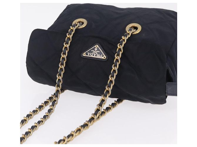 PRADA Chain Shoulder Bag Nylon Navy Gold Auth 206423 Golden Navy blue - view 8