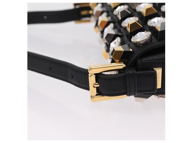 Borsa FENDI Mamma Baguette Studs Rhinestones Pelle Nero Oro 8BR600 Auth yk20953SM - vue 10