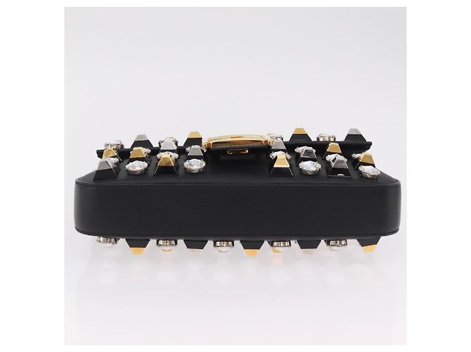Borsa FENDI Mamma Baguette Studs Rhinestones Pelle Nero Oro 8BR600 Auth yk20953SM - vue 11