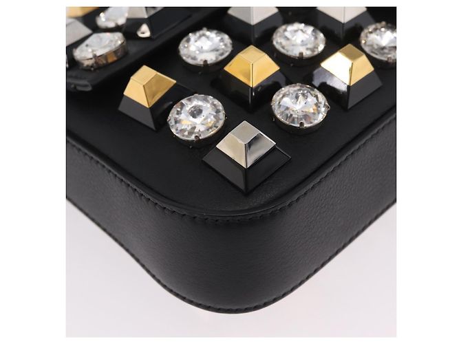Borsa FENDI Mamma Baguette Studs Rhinestones Pelle Nero Oro 8BR600 Auth yk20953SM - vue 12