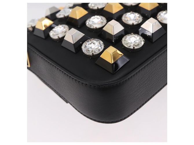 Borsa FENDI Mamma Baguette Studs Rhinestones Pelle Nero Oro 8BR600 Auth yk20953SM - vue 14