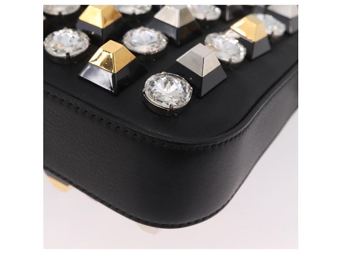 Borsa FENDI Mamma Baguette Studs Rhinestones Pelle Nero Oro 8BR600 Auth yk20953SM - vue 15