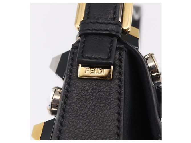 Borsa FENDI Mamma Baguette Studs Rhinestones Pelle Nero Oro 8BR600 Auth yk20953SM - vue 16