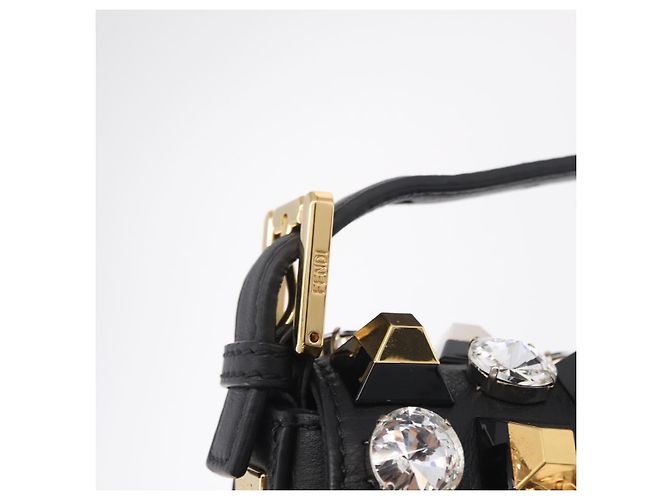 Borsa FENDI Mamma Baguette Studs Rhinestones Pelle Nero Oro 8BR600 Auth yk20953SM - vue 17