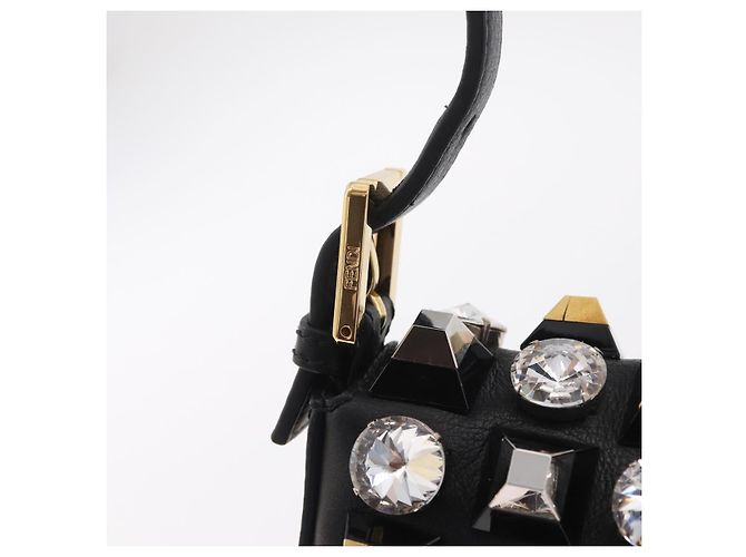 Borsa FENDI Mamma Baguette Studs Rhinestones Pelle Nero Oro 8BR600 Auth yk20953SM - vue 19