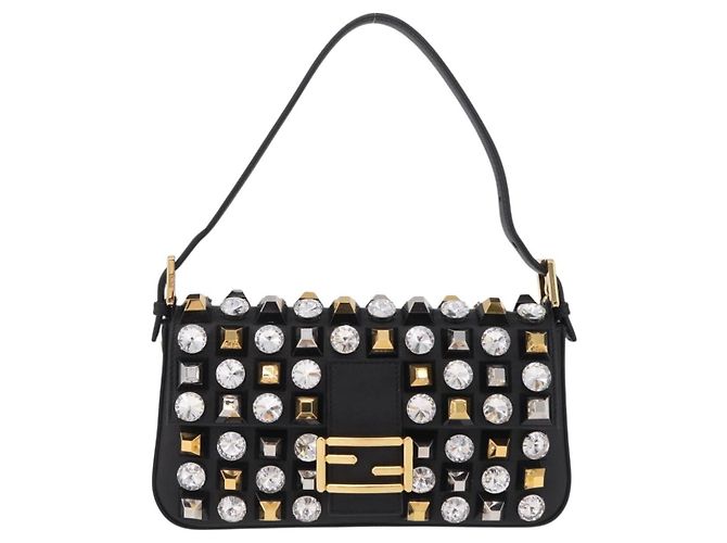 Borsa FENDI Mamma Baguette Studs Rhinestones Pelle Nero Oro 8BR600 Auth yk20953SM - vue 2