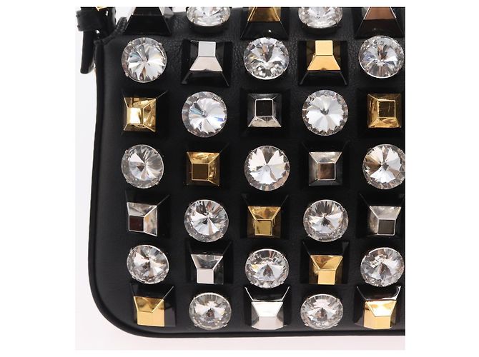Borsa FENDI Mamma Baguette Studs Rhinestones Pelle Nero Oro 8BR600 Auth yk20953SM - vue 20