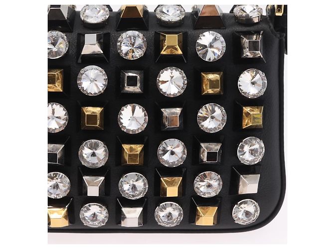 Borsa FENDI Mamma Baguette Studs Rhinestones Pelle Nero Oro 8BR600 Auth yk20953SM - vue 21
