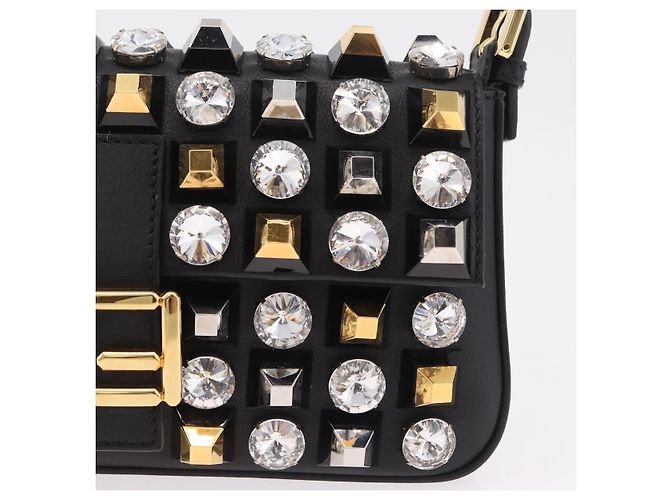Borsa FENDI Mamma Baguette Studs Rhinestones Pelle Nero Oro 8BR600 Auth yk20953SM - vue 22