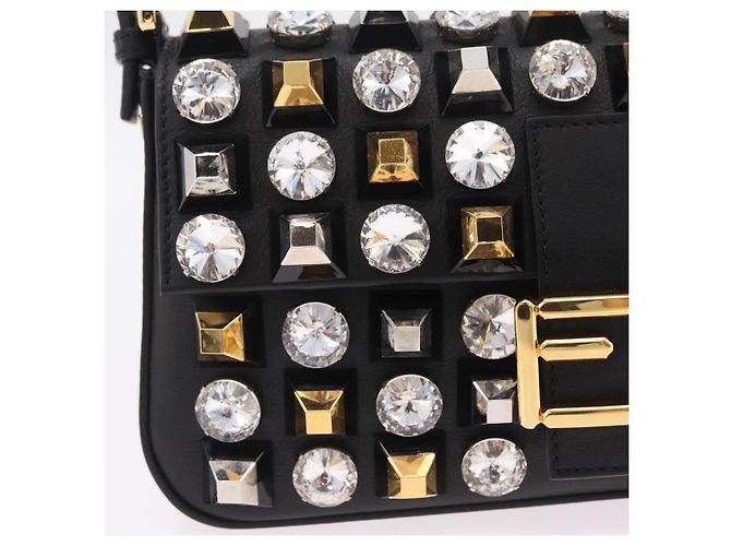 Borsa FENDI Mamma Baguette Studs Rhinestones Pelle Nero Oro 8BR600 Auth yk20953SM - vue 23