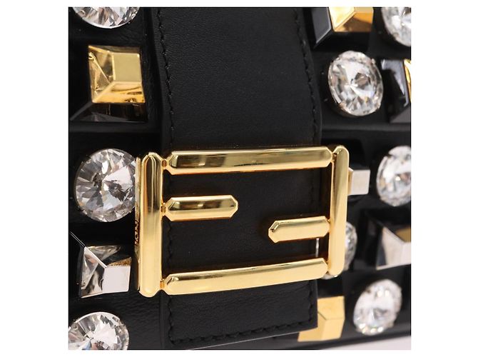 Borsa FENDI Mamma Baguette Studs Rhinestones Pelle Nero Oro 8BR600 Auth yk20953SM - vue 24