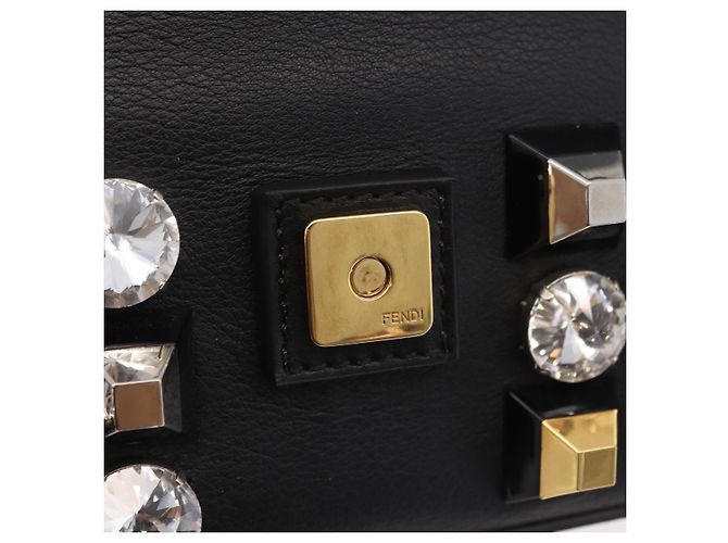 Borsa FENDI Mamma Baguette Studs Rhinestones Pelle Nero Oro 8BR600 Auth yk20953SM - vue 26