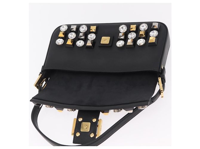 Borsa FENDI Mamma Baguette Studs Rhinestones Pelle Nero Oro 8BR600 Auth yk20953SM - vue 27