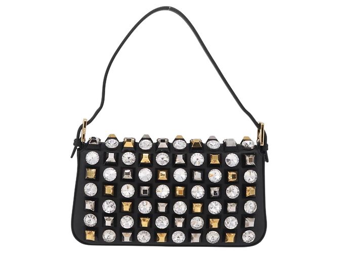 Borsa FENDI Mamma Baguette Studs Rhinestones Pelle Nero Oro 8BR600 Auth yk20953SM - vue 3