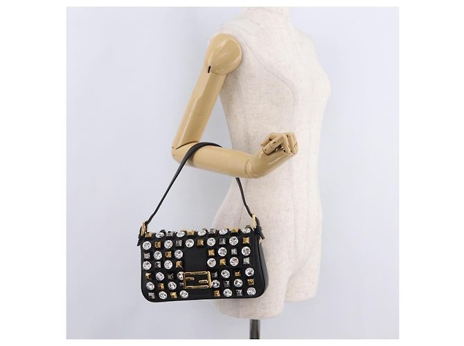 Borsa FENDI Mamma Baguette Studs Rhinestones Pelle Nero Oro 8BR600 Auth yk20953SM - vue 37