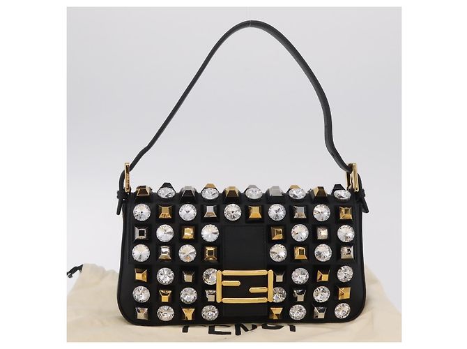 Borsa FENDI Mamma Baguette Studs Rhinestones Pelle Nero Oro 8BR600 Auth yk20953SM - vue 38