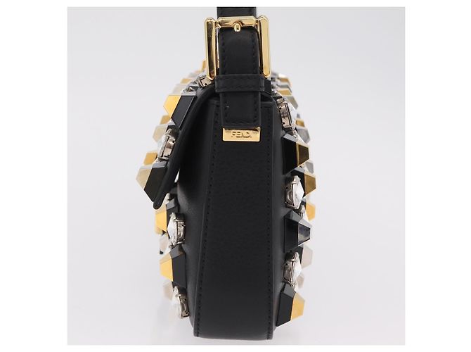 Borsa FENDI Mamma Baguette Studs Rhinestones Pelle Nero Oro 8BR600 Auth yk20953SM - vue 4