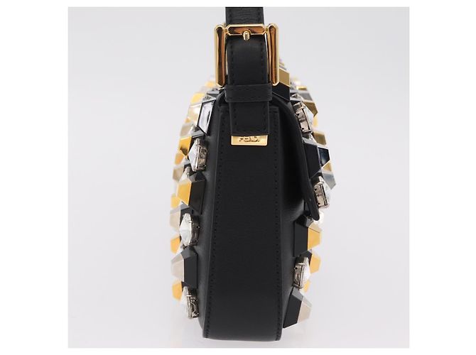 Borsa FENDI Mamma Baguette Studs Rhinestones Pelle Nero Oro 8BR600 Auth yk20953SM - vue 5