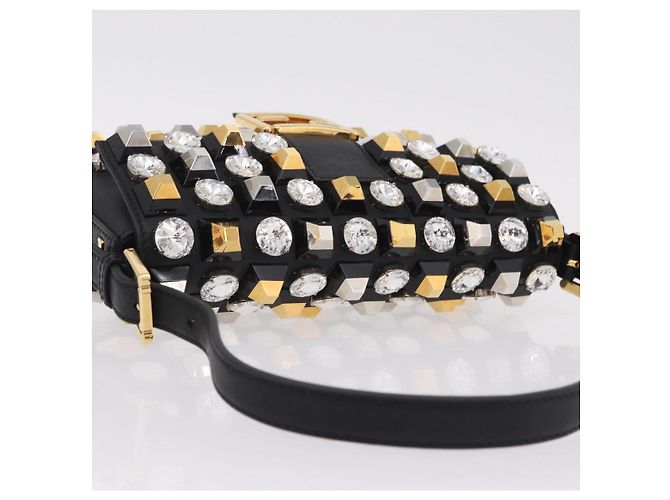 Borsa FENDI Mamma Baguette Studs Rhinestones Pelle Nero Oro 8BR600 Auth yk20953SM - vue 6