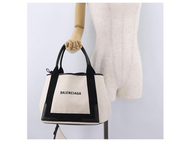 Borsa a Mano Balenciaga Cabas Navy Canvas Bianco Argento 339933 Auth 205373V - vista 26