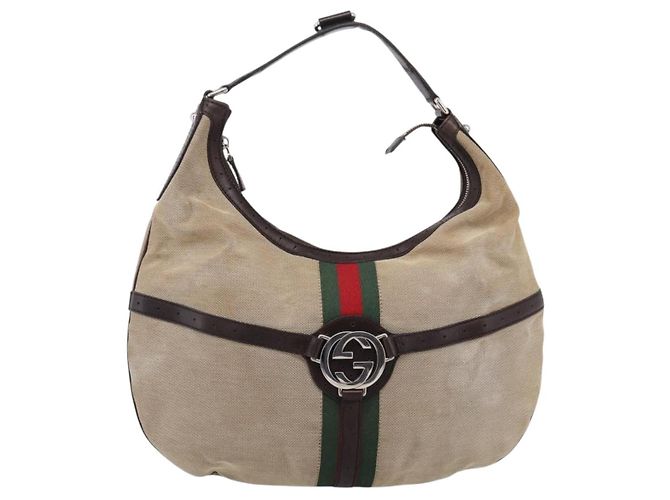 Bolsa de Ombro GUCCI Interlocking G Canvas Beige Silver 114871 Auth 207703 Prata Bege - vista 2