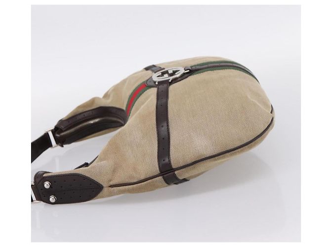 Bolsa de Ombro GUCCI Interlocking G Canvas Beige Silver 114871 Auth 207703 Prata Bege - vista 4