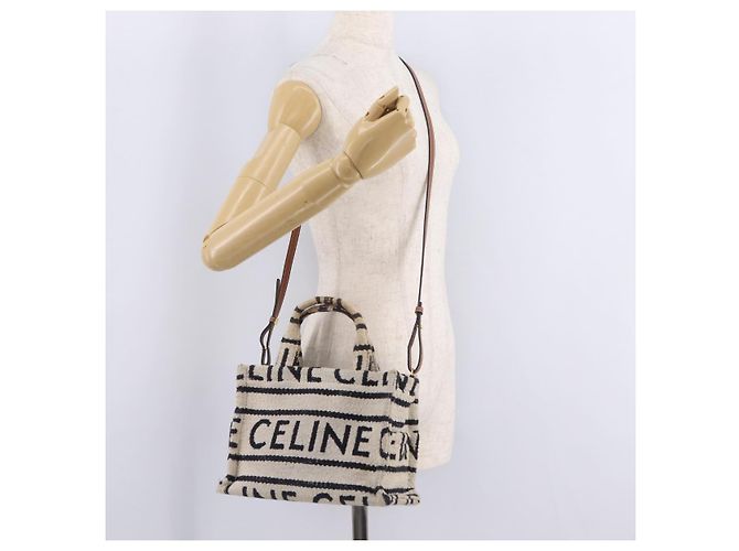 Céline CELINE Small Cabas Tice Hand Bag Canvas 2way White Gold Auth BA15751 Weiß Golden - Ansicht 24