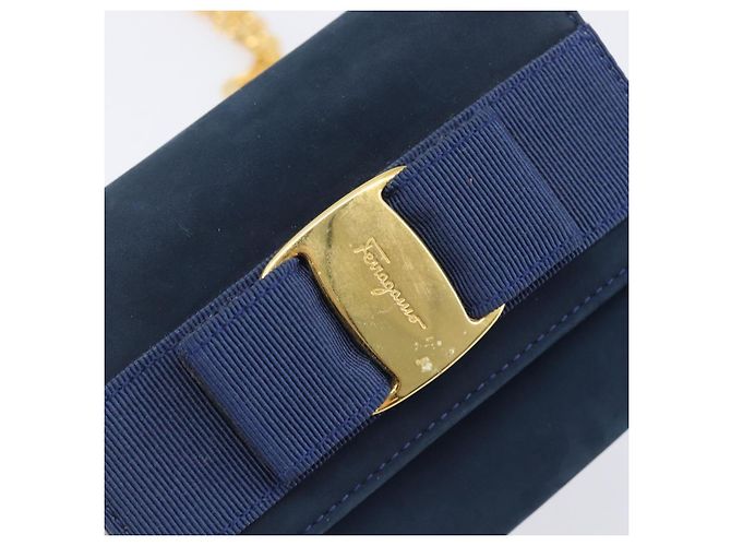 Borsa a tracolla Salvatore Ferragamo Vala Chain in camoscio blu navy e oro Auth 207538 - vista 16