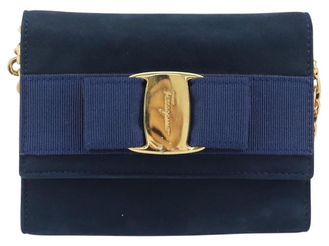 Borsa a tracolla Salvatore Ferragamo Vala Chain in camoscio blu navy e oro Auth 207538 - vista 2