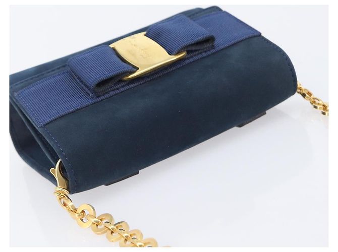 Borsa a tracolla Salvatore Ferragamo Vala Chain in camoscio blu navy e oro Auth 207538 - vista 6