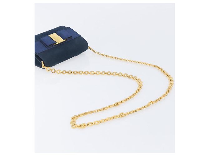 Borsa a tracolla Salvatore Ferragamo Vala Chain in camoscio blu navy e oro Auth 207538 - vista 7