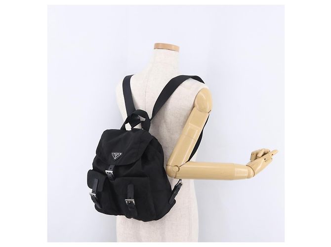 Mochila PRADA Nylon Black Silver Auth 204626V Preto Prata - vista 35