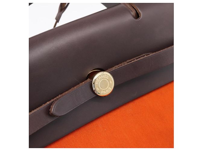 Hermès HERMES Herbag Ad PM Backpack Canvas Leather 2way Orange Gold Auth 204861M Golden - view 11