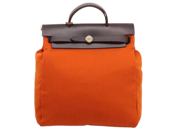 Hermès HERMES Herbag Ad PM Backpack Canvas Leather 2way Orange Gold Auth 204861M Golden - view 2