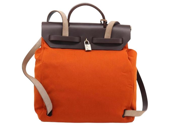 Hermès HERMES Herbag Ad PM Backpack Canvas Leather 2way Orange Gold Auth 204861M Golden - view 3