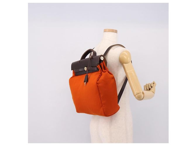 Hermès HERMES Herbag Ad PM Backpack Canvas Leather 2way Orange Gold Auth 204861M Golden - view 31