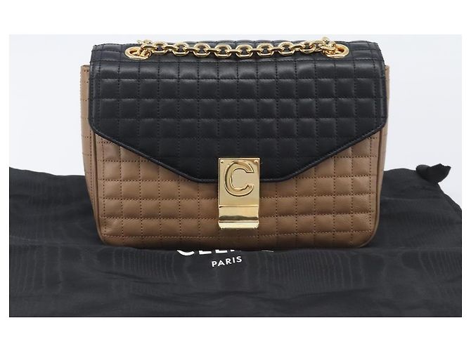 Céline Bolsa de Ombro com Corrente CELINE Couro Marrom Dourado Auth LN054V - vista 28